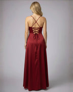 Women's Maxi Dress with Cowl Neckline Spaghetti Straps Lace-Up Back and Front Slit