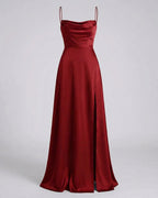 Women's Maxi Dress with Cowl Neckline Spaghetti Straps Lace-Up Back and Front Slit