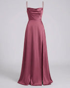 Women's Maxi Dress with Cowl Neckline Spaghetti Straps Lace-Up Back and Front Slit