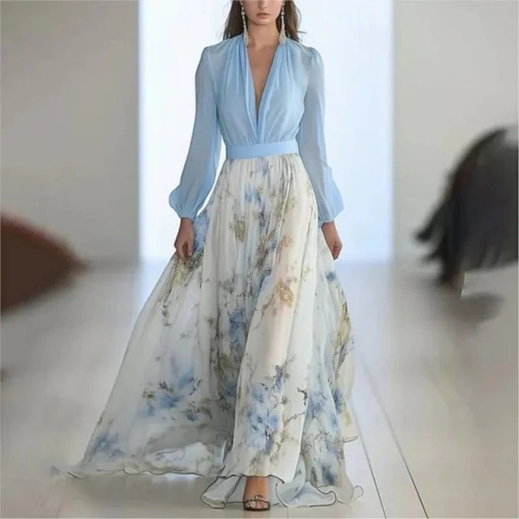 Women's Maxi Dress with Deep V-Neckline Long Puff Sleeves and Floral Print Skirt Panel