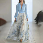 Women's Maxi Dress with Deep V-Neckline Long Puff Sleeves and Floral Print Skirt Panel
