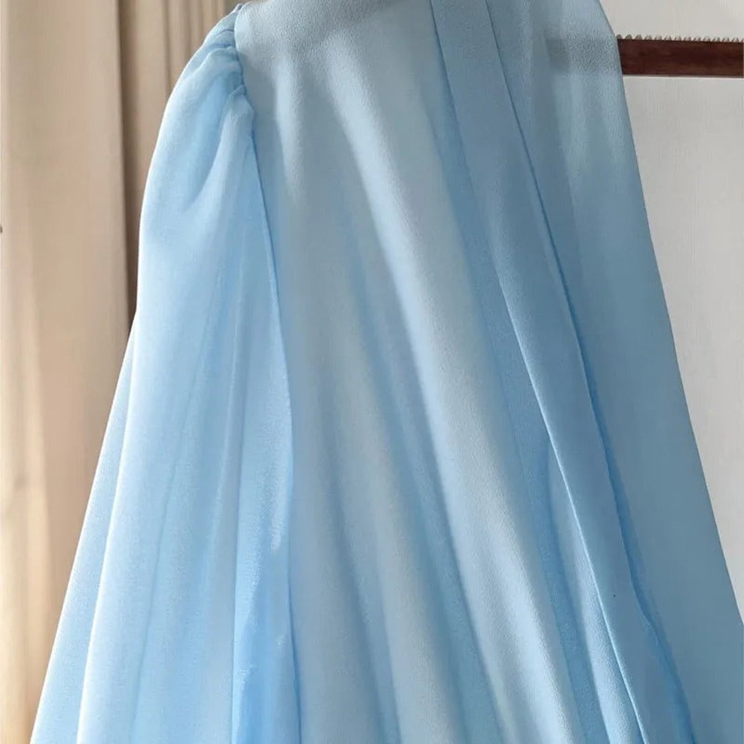 Women's Maxi Dress with Deep V-Neckline Long Puff Sleeves and Floral Print Skirt Panel