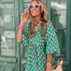 Women's Maxi Dress with Floral Print V-Neckline and Tiered Skirt with Three-Quarter Sleeves