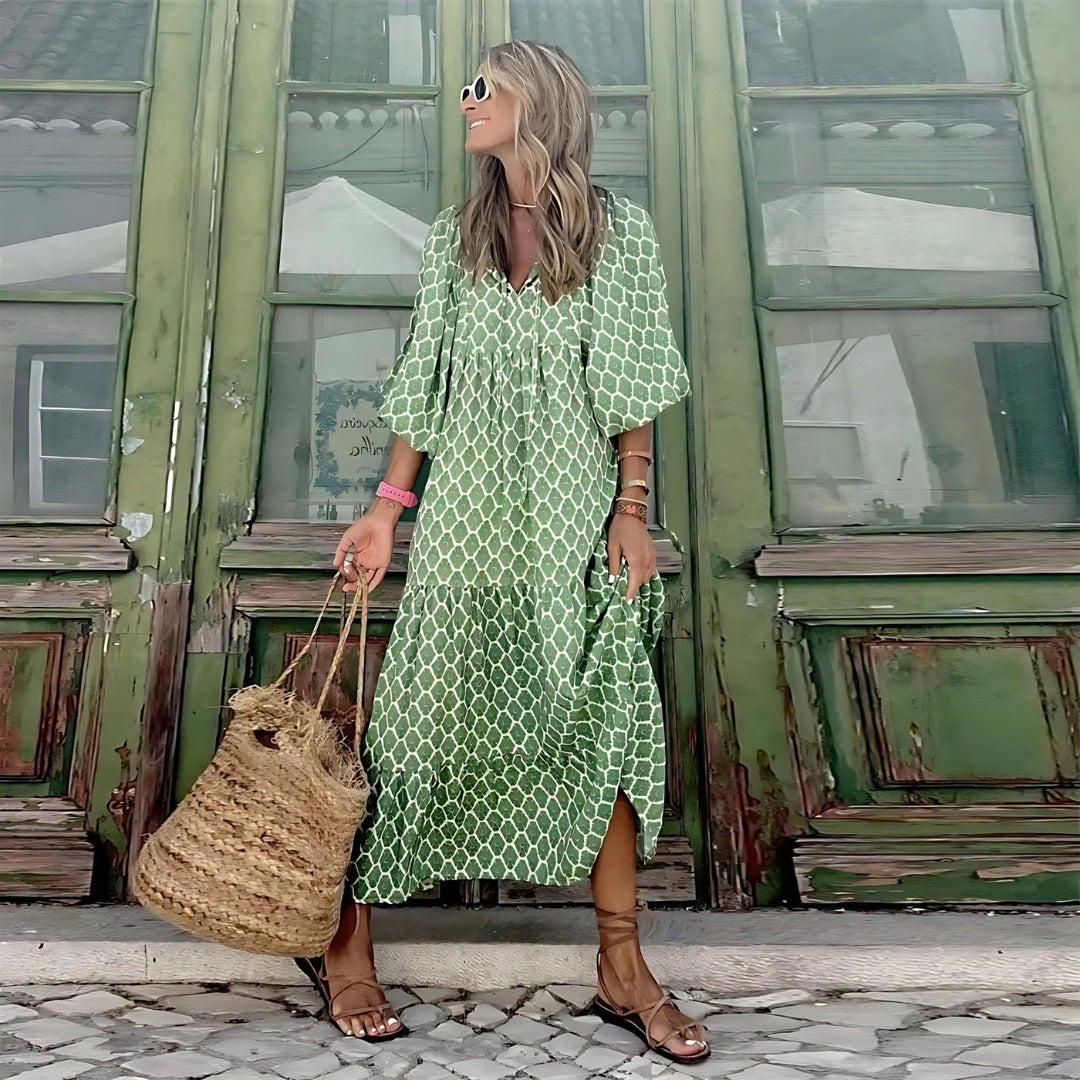 Women's Maxi Dress with Floral Print V-Neckline and Tiered Skirt with Three-Quarter Sleeves