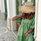 Women's Maxi Dress with Floral Print V-Neckline and Tiered Skirt with Three-Quarter Sleeves