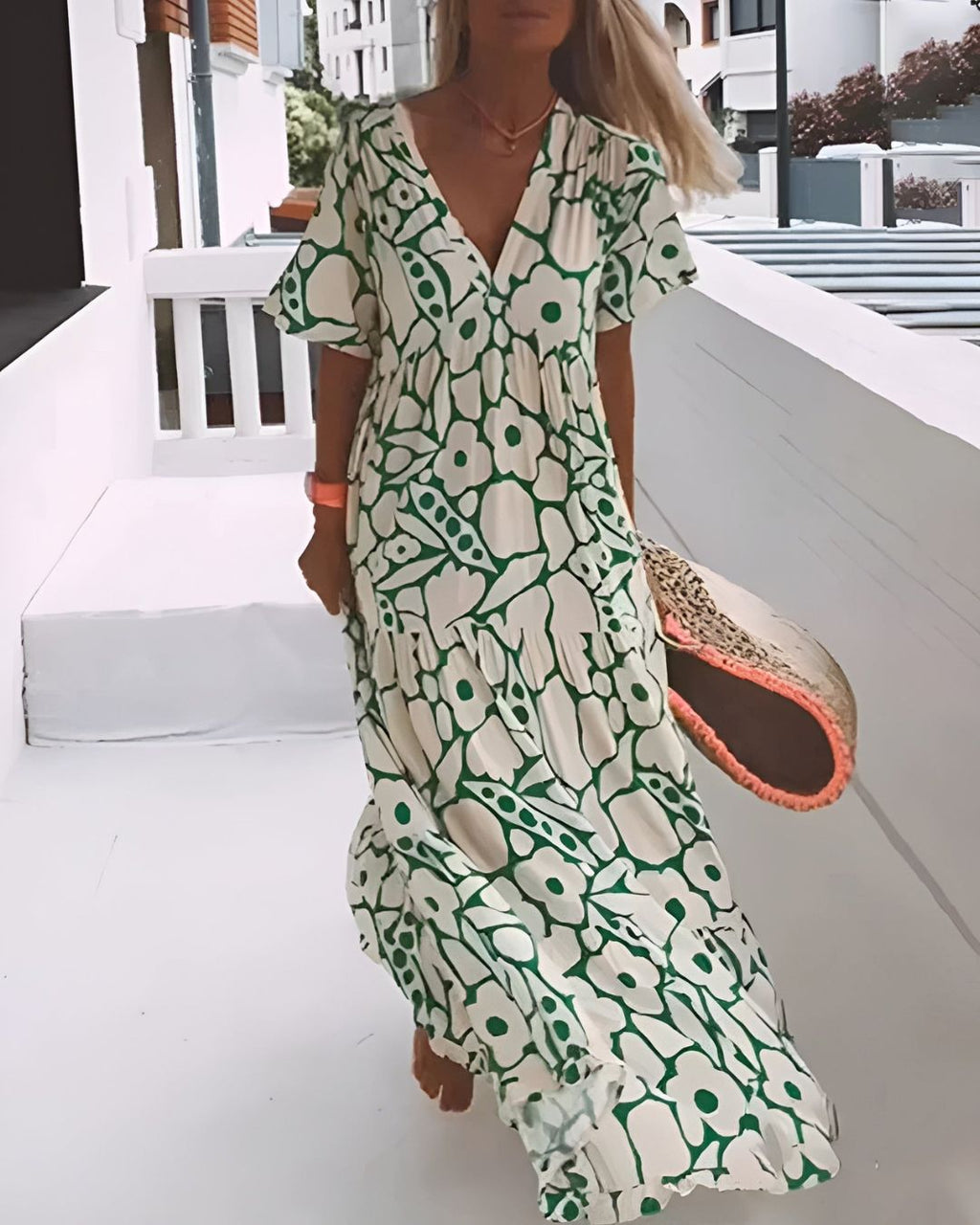 Women's Maxi Dress with Large-Scale Floral Print V-Neckline and Short Flutter Sleeves
