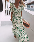 Women's Maxi Dress with Large-Scale Floral Print V-Neckline and Short Flutter Sleeves