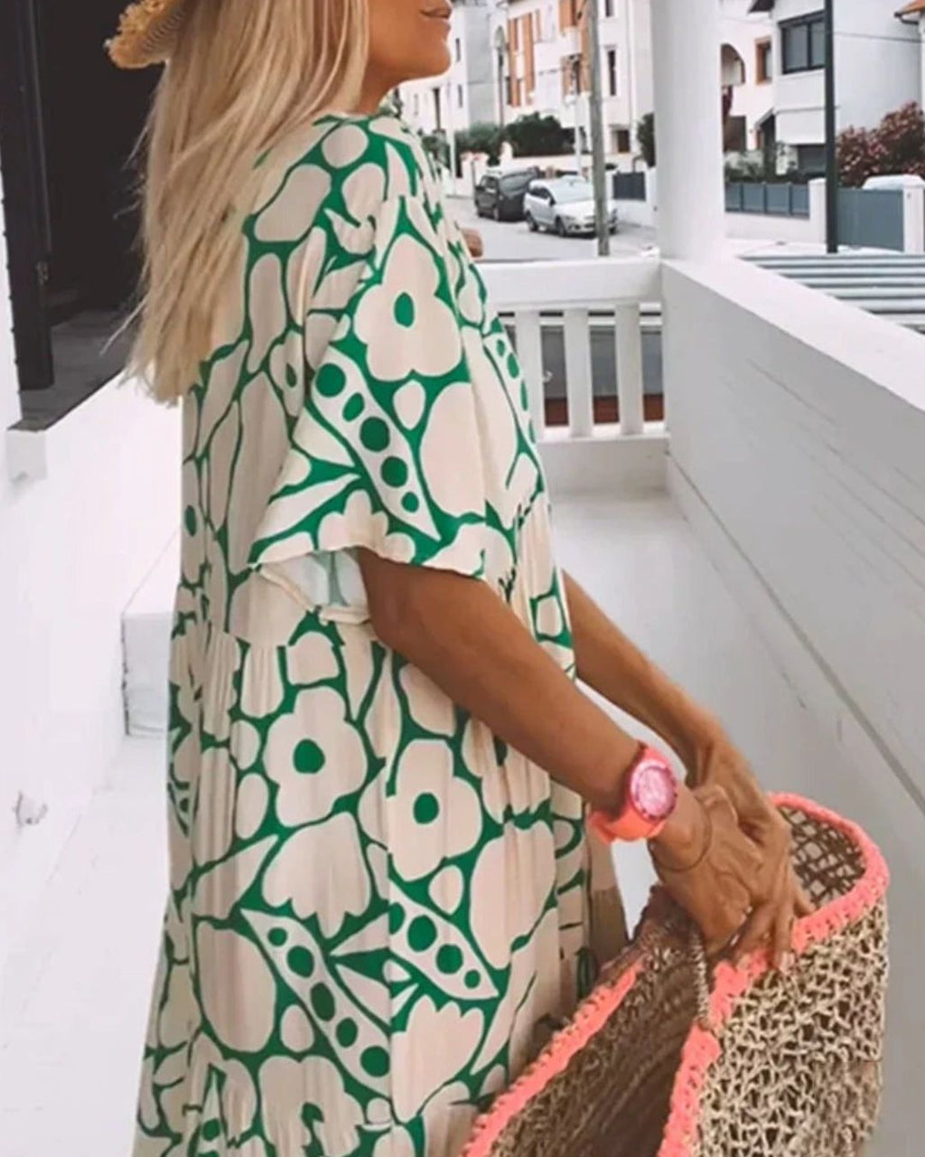 Women's Maxi Dress with Large-Scale Floral Print V-Neckline and Short Flutter Sleeves
