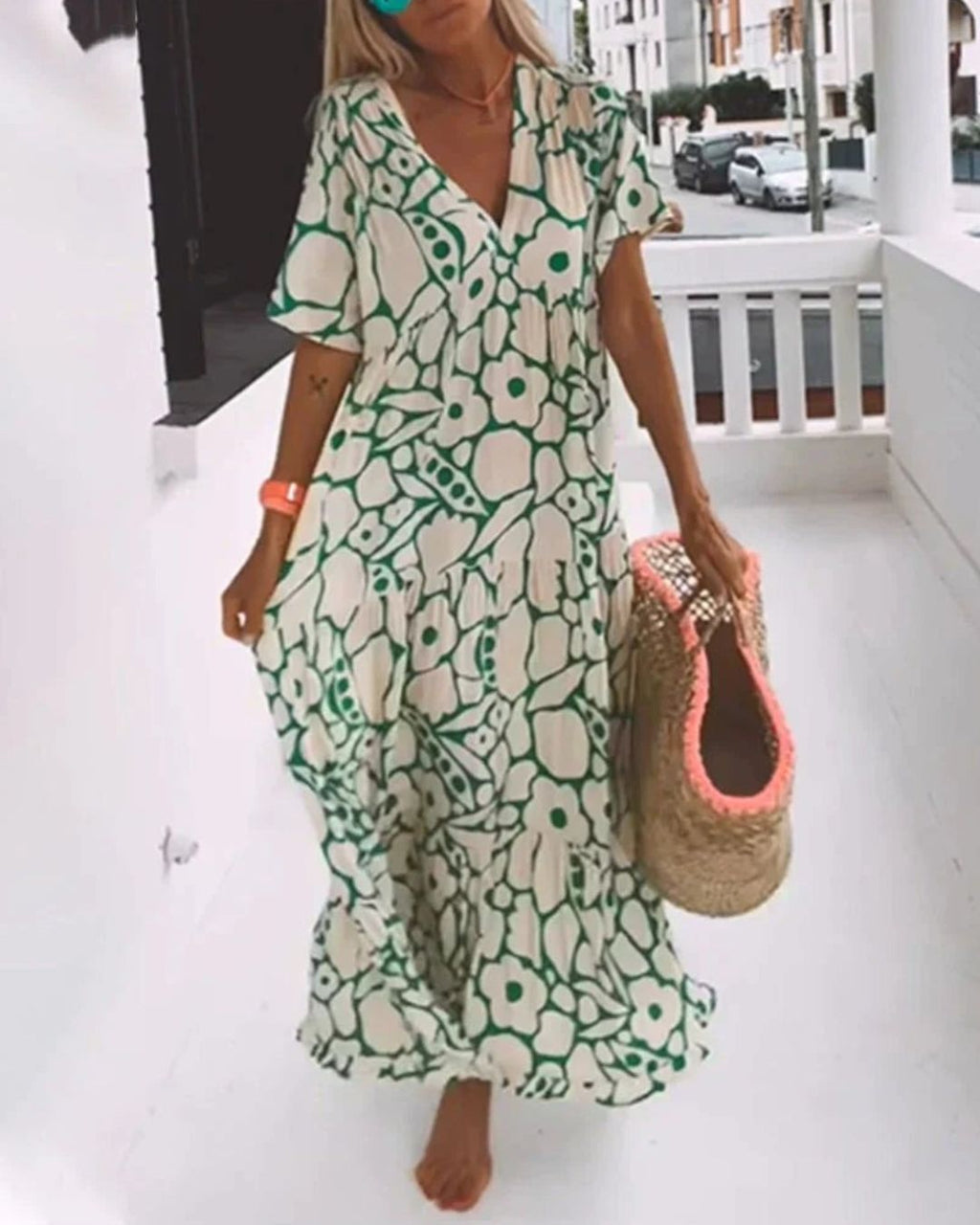 Women's Maxi Dress with Large-Scale Floral Print V-Neckline and Short Flutter Sleeves