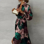 Women's Maxi Dress with Large-Scale Floral Print V-Neckline Long Sleeves and Tie Waist Belt