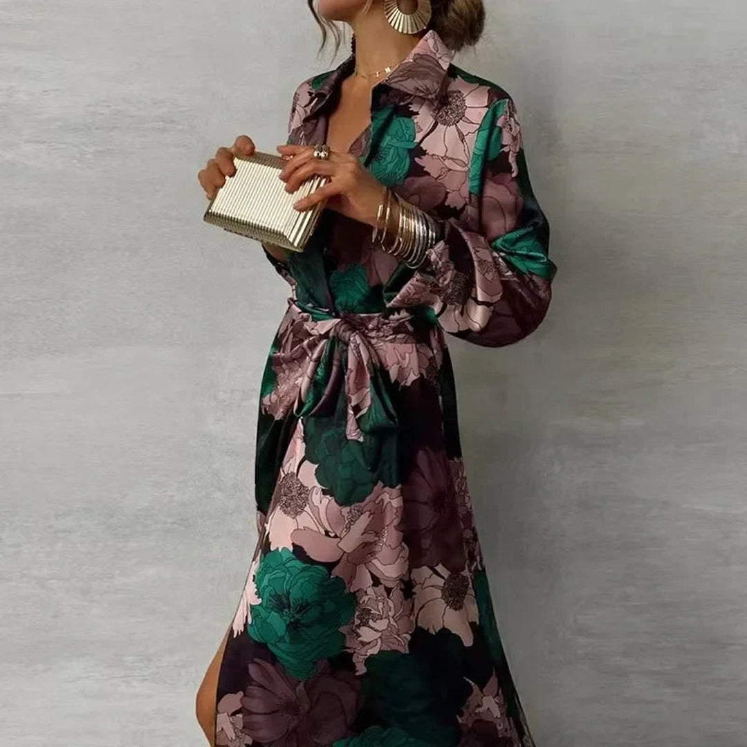 Women's Maxi Dress with Large-Scale Floral Print V-Neckline Long Sleeves and Tie Waist Belt