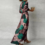 Women's Maxi Dress with Large-Scale Floral Print V-Neckline Long Sleeves and Tie Waist Belt