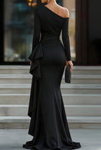 Women's Maxi Dress with One-Shoulder Neckline Long Sleeves Ruched Waist Band and Bow Detail and Front Slit