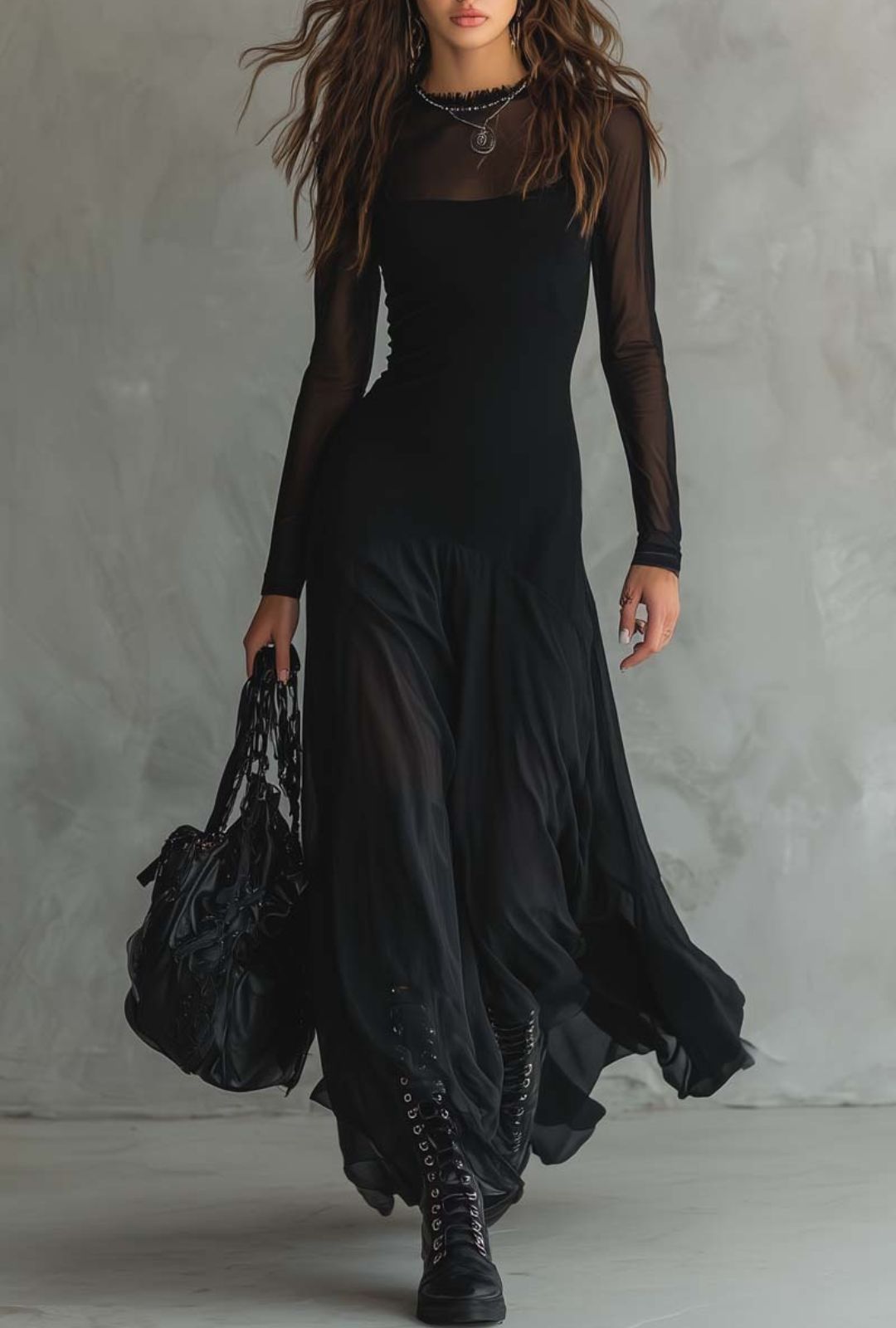 Women's Maxi Dress with Open-Weave Long Sleeves and Layered Sheer Skirt