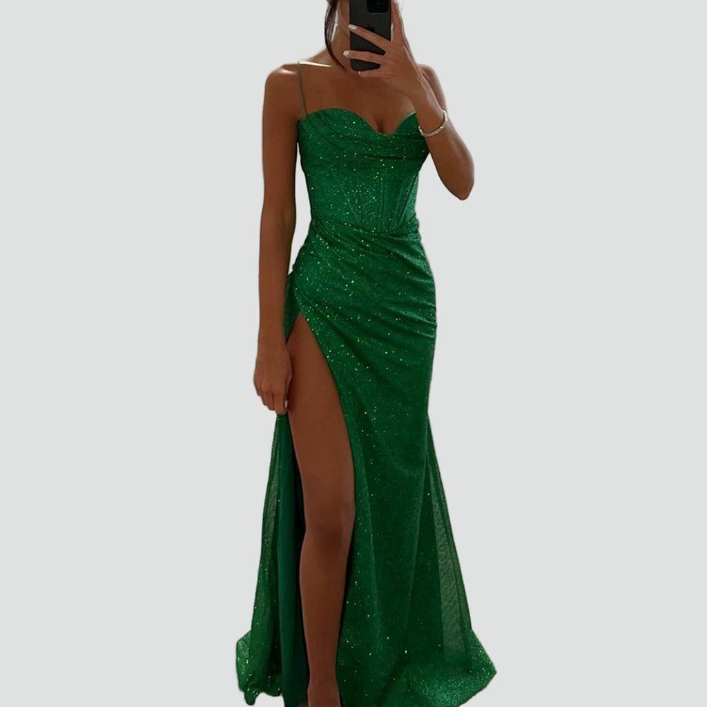 Women's Maxi Dress with Sweetheart Neckline Corset Bodice Ruched Side and High Front Slit