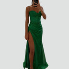 Women's Maxi Dress with Sweetheart Neckline Corset Bodice Ruched Side and High Front Slit