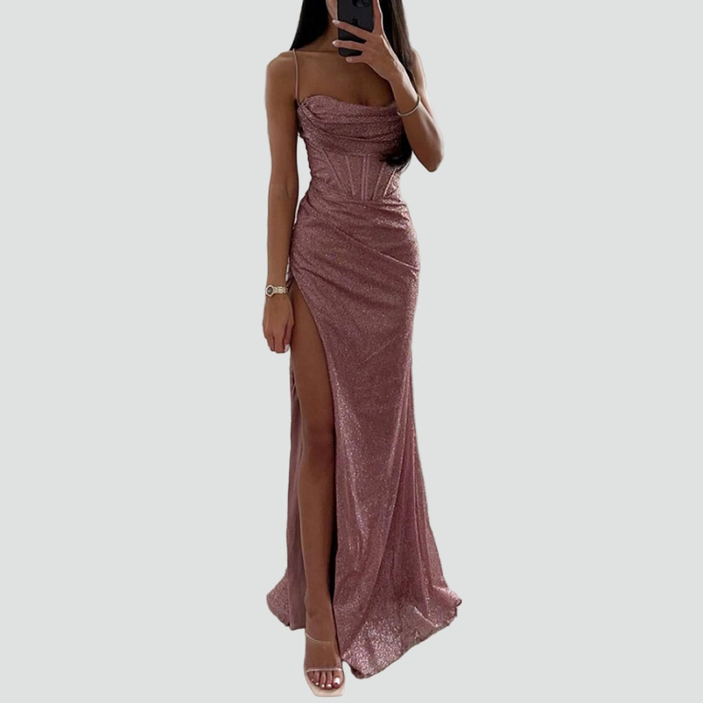 Women's Maxi Dress with Sweetheart Neckline Corset Bodice Ruched Side and High Front Slit