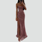 Women's Maxi Dress with Sweetheart Neckline Corset Bodice Ruched Side and High Front Slit