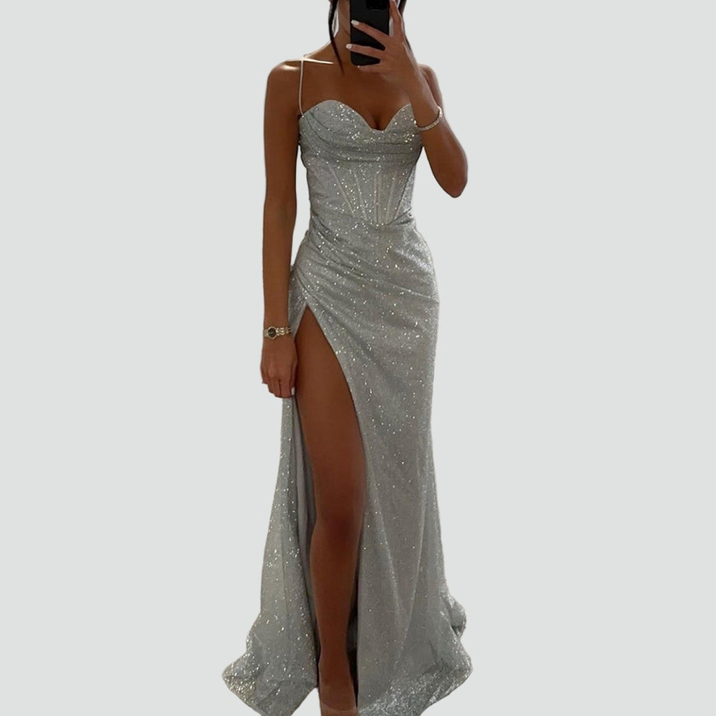 Women's Maxi Dress with Sweetheart Neckline Corset Bodice Ruched Side and High Front Slit