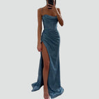 Women's Maxi Dress with Sweetheart Neckline Corset Bodice Ruched Side and High Front Slit