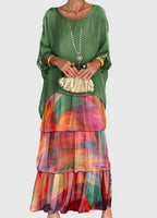 Women's Maxi Dress with Tiered Skirt and Round Neckline