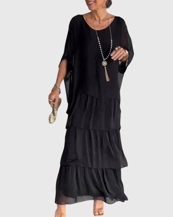 Women's Maxi Dress with Tiered Skirt and Round Neckline