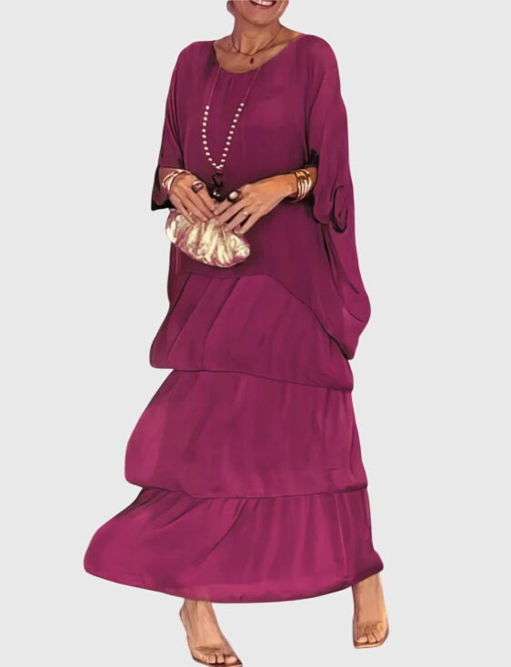 Women's Maxi Dress with Tiered Skirt and Round Neckline