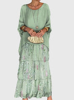 Women's Maxi Dress with Tiered Skirt and Round Neckline