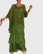 Women's Maxi Dress with Tiered Skirt and Round Neckline