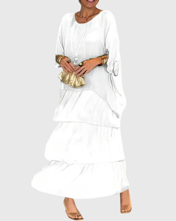 Women's Maxi Dress with Tiered Skirt and Round Neckline