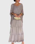 Women's Maxi Dress with Tiered Skirt and Round Neckline