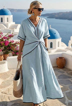 Women's Maxi Dress with Twist-Front Knot Detail V-Neckline Short Sleeves and Contrast Trim