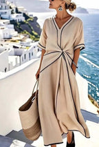 Women's Maxi Dress with Twist-Front Knot Detail V-Neckline Short Sleeves and Contrast Trim