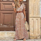Women's Maxi Dress with V-Neckline Short Sleeves and All-Over Paisley and Floral Print