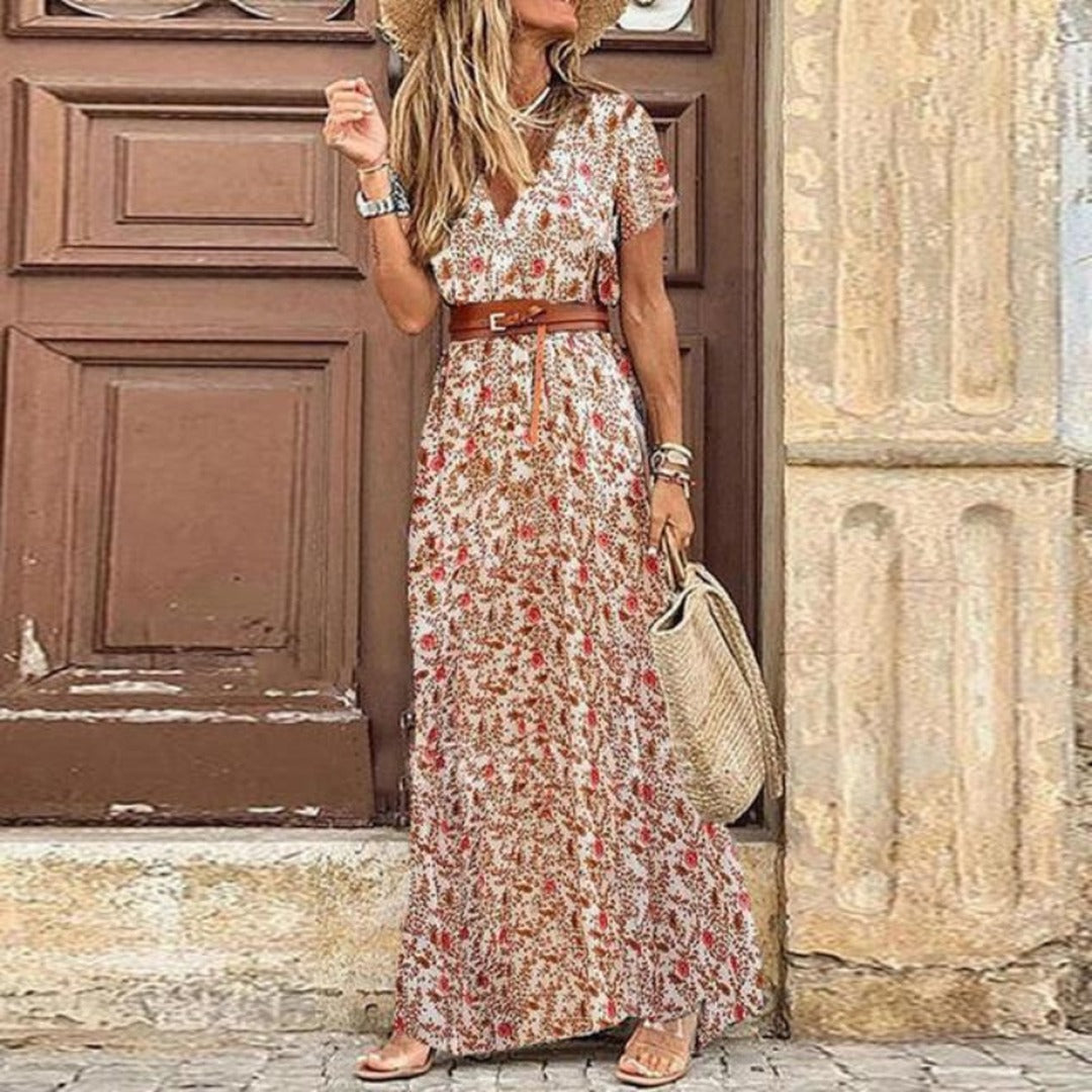 Women's Maxi Dress with V-Neckline Short Sleeves and All-Over Paisley and Floral Print