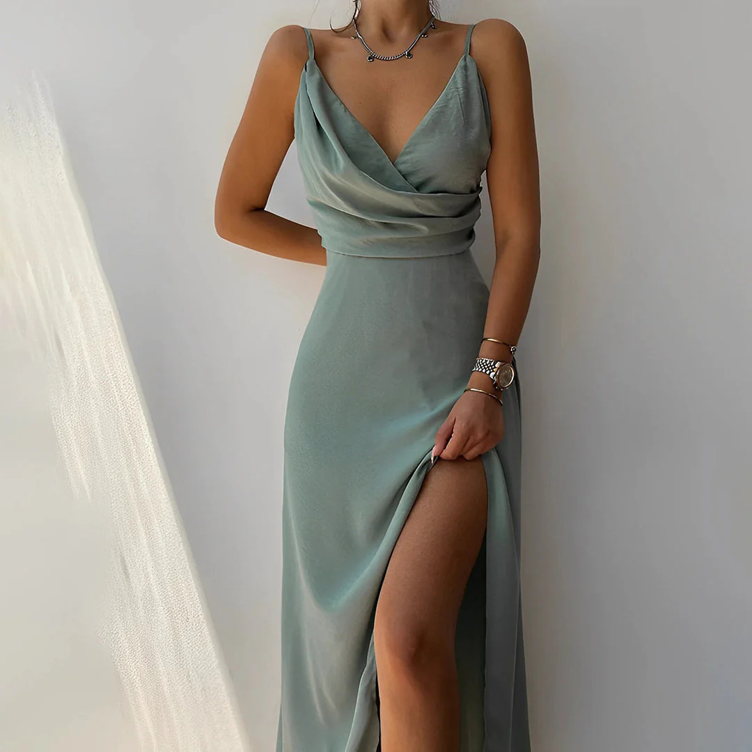 Women's Maxi Dress with Wrap V-Neckline, Spaghetti Straps and Side Slit