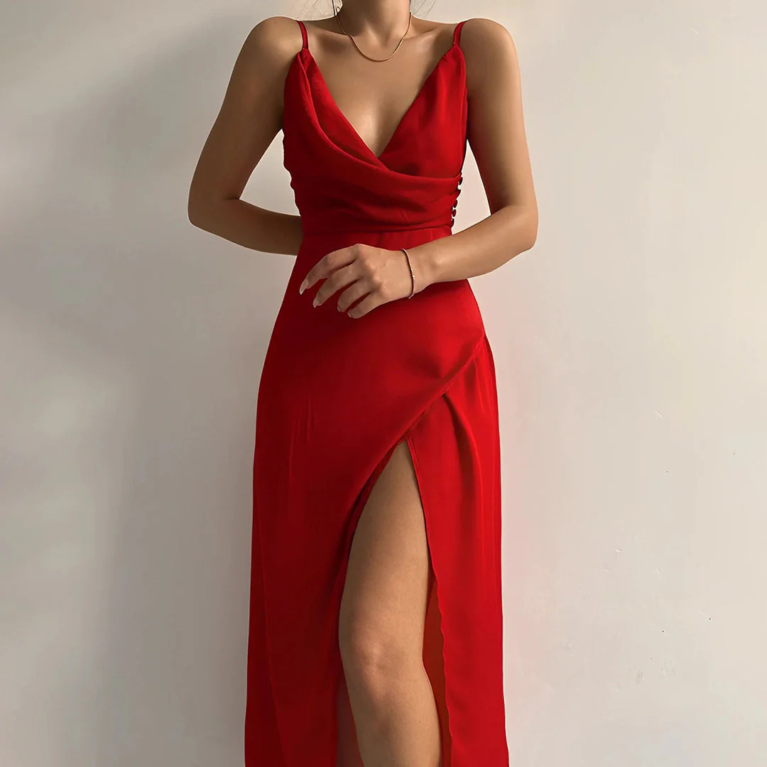 Women's Maxi Dress with Wrap V-Neckline, Spaghetti Straps and Side Slit