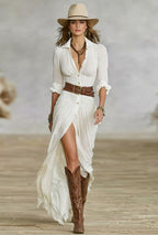Women's Maxi Shirt Dress with Gathered Bodice and Deep V-Neckline and Front Split Hem