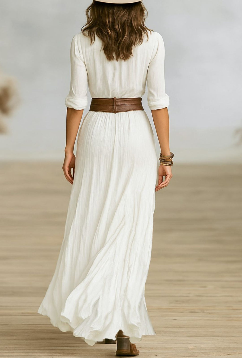 Women's Maxi Shirt Dress with Gathered Bodice and Deep V-Neckline and Front Split Hem