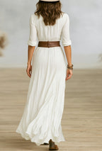 Women's Maxi Shirt Dress with Gathered Bodice and Deep V-Neckline and Front Split Hem