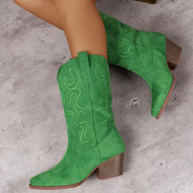 Women's Mid-Calf Cowgirl Boots with Embroidered Detail