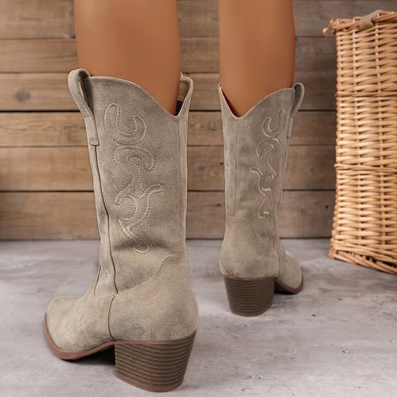 Women's Mid-Calf Cowgirl Boots with Embroidered Detail