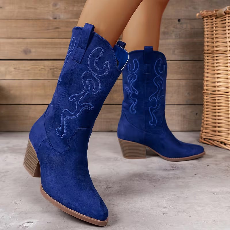 Women's Mid-Calf Cowgirl Boots with Embroidered Detail