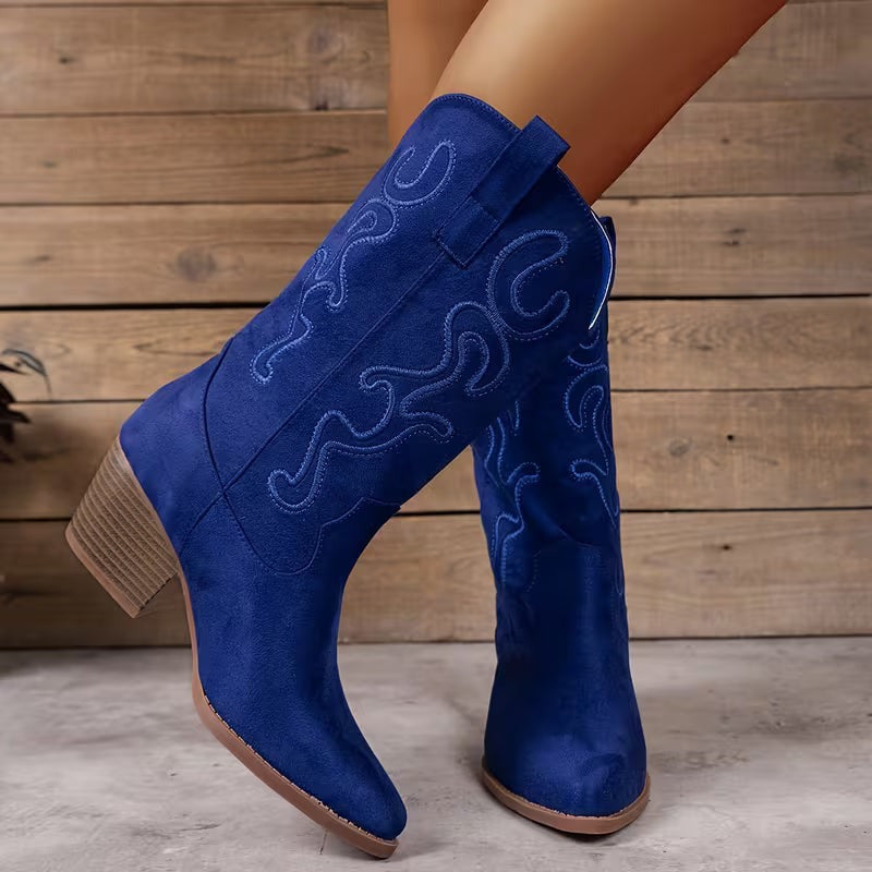 Women's Mid-Calf Cowgirl Boots with Embroidered Detail