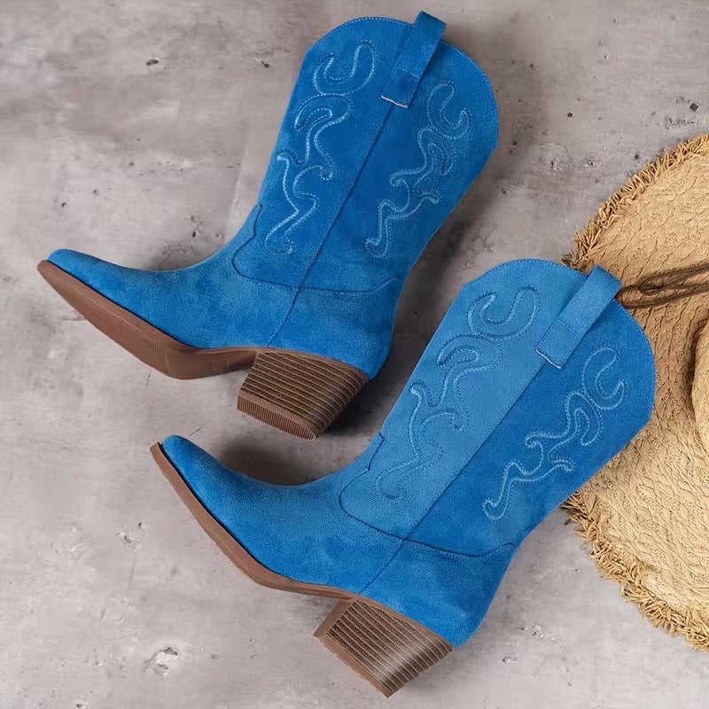Women's Mid-Calf Cowgirl Boots with Embroidered Detail