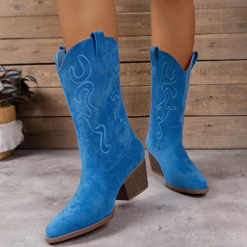 Women's Mid-Calf Cowgirl Boots with Embroidered Detail