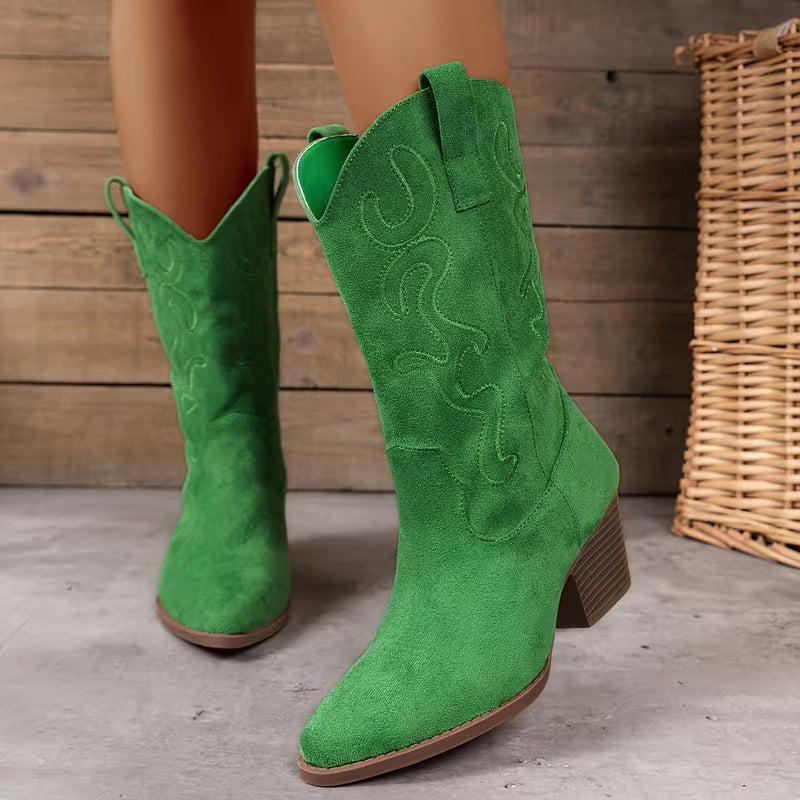 Women's Mid-Calf Cowgirl Boots with Embroidered Detail