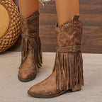 Women's Mid-Calf Cowgirl Boots with Fringe and Buckle Strap