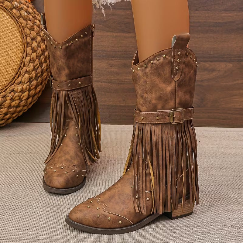 Women's Mid-Calf Cowgirl Boots with Fringe and Buckle Strap