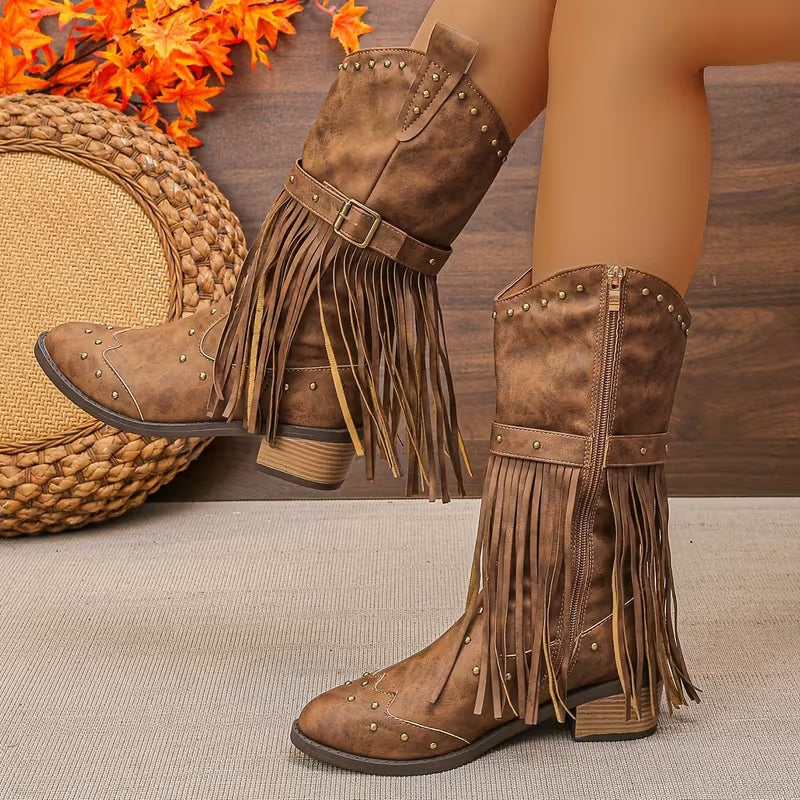 Women's Mid-Calf Cowgirl Boots with Fringe and Buckle Strap